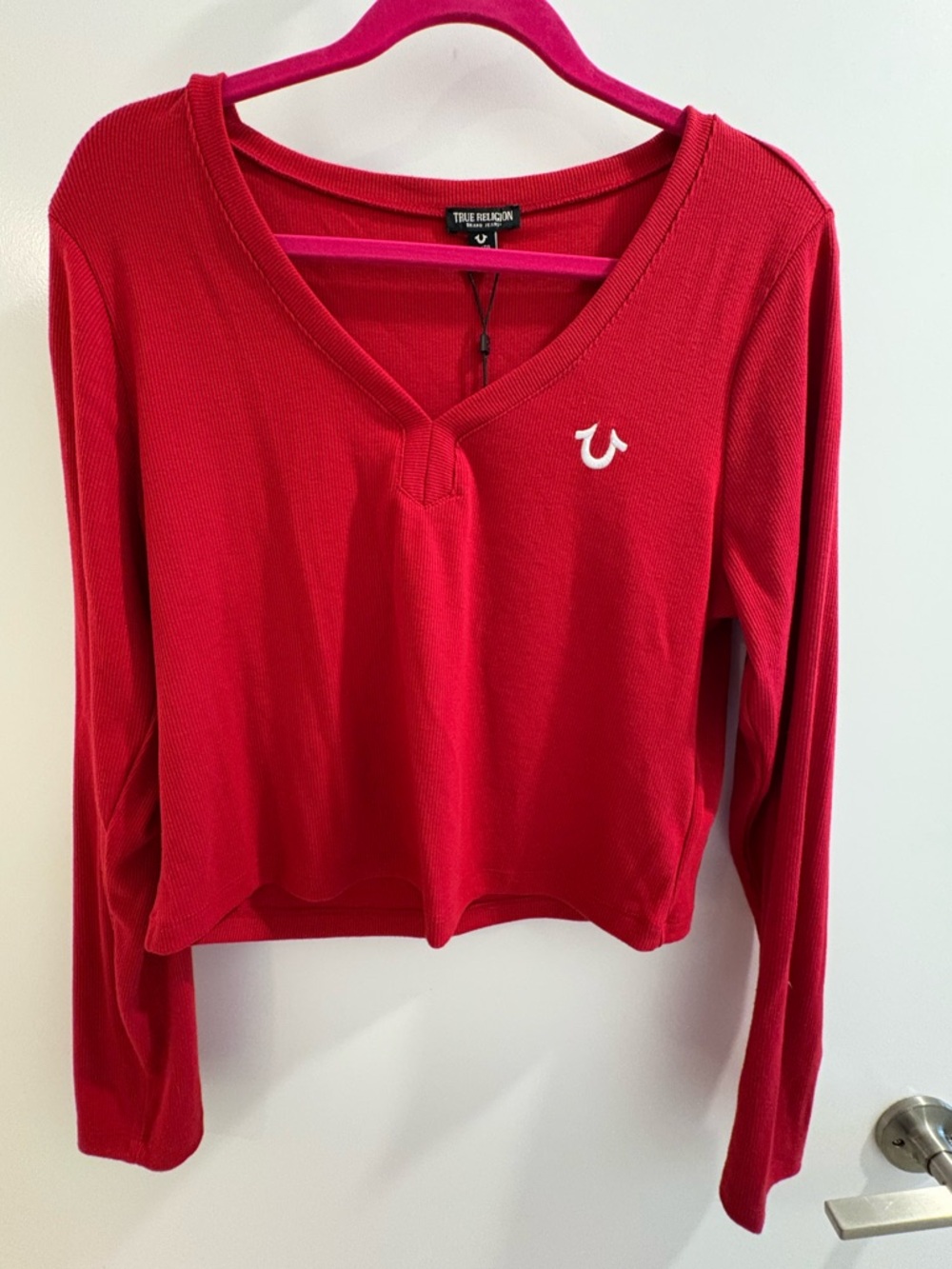 True Religion Red V-Neck Long Sleeve Top with Logo